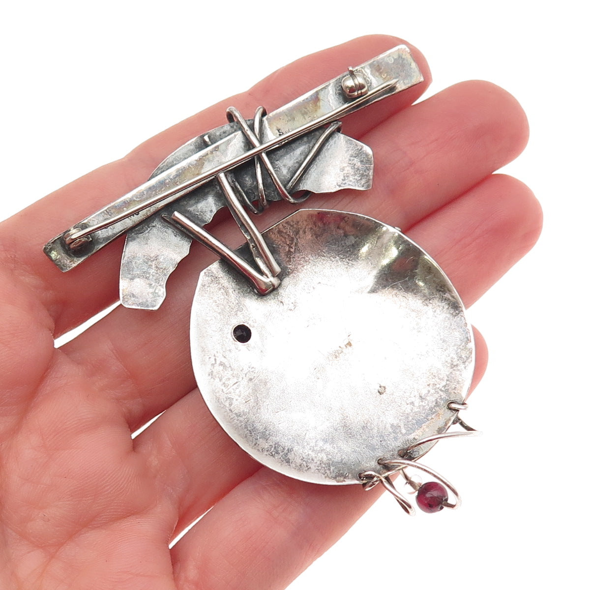 925 Sterling Silver Vintage Real Amethyst & Red Garnet Modernist Pin Brooch
