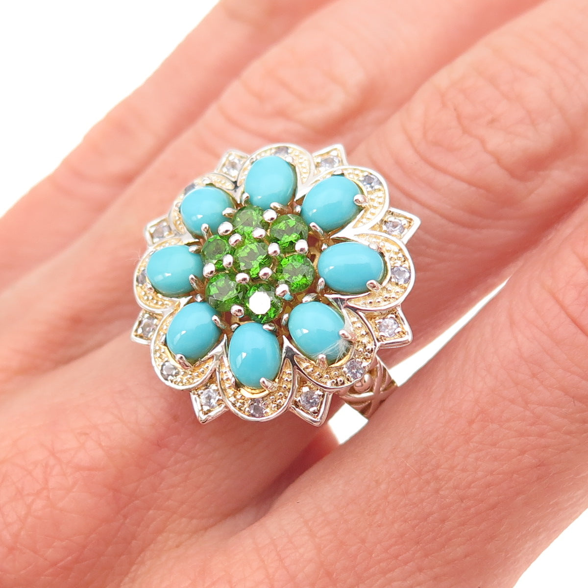 925 Sterling Silver 2-Tone Real Turquoise Tanzanite & Peridot Ring Size 8.25