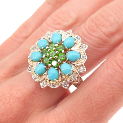 925 Sterling Silver 2-Tone Real Turquoise Tanzanite & Peridot Ring Size 8.25