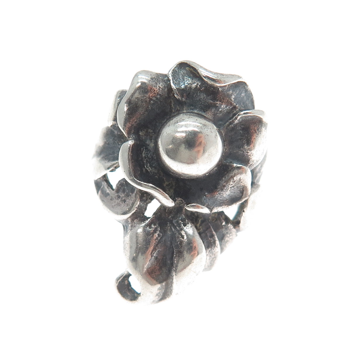 925 Sterling Silver Vintage Modernist Flower Oxidized Ring Size 4.5