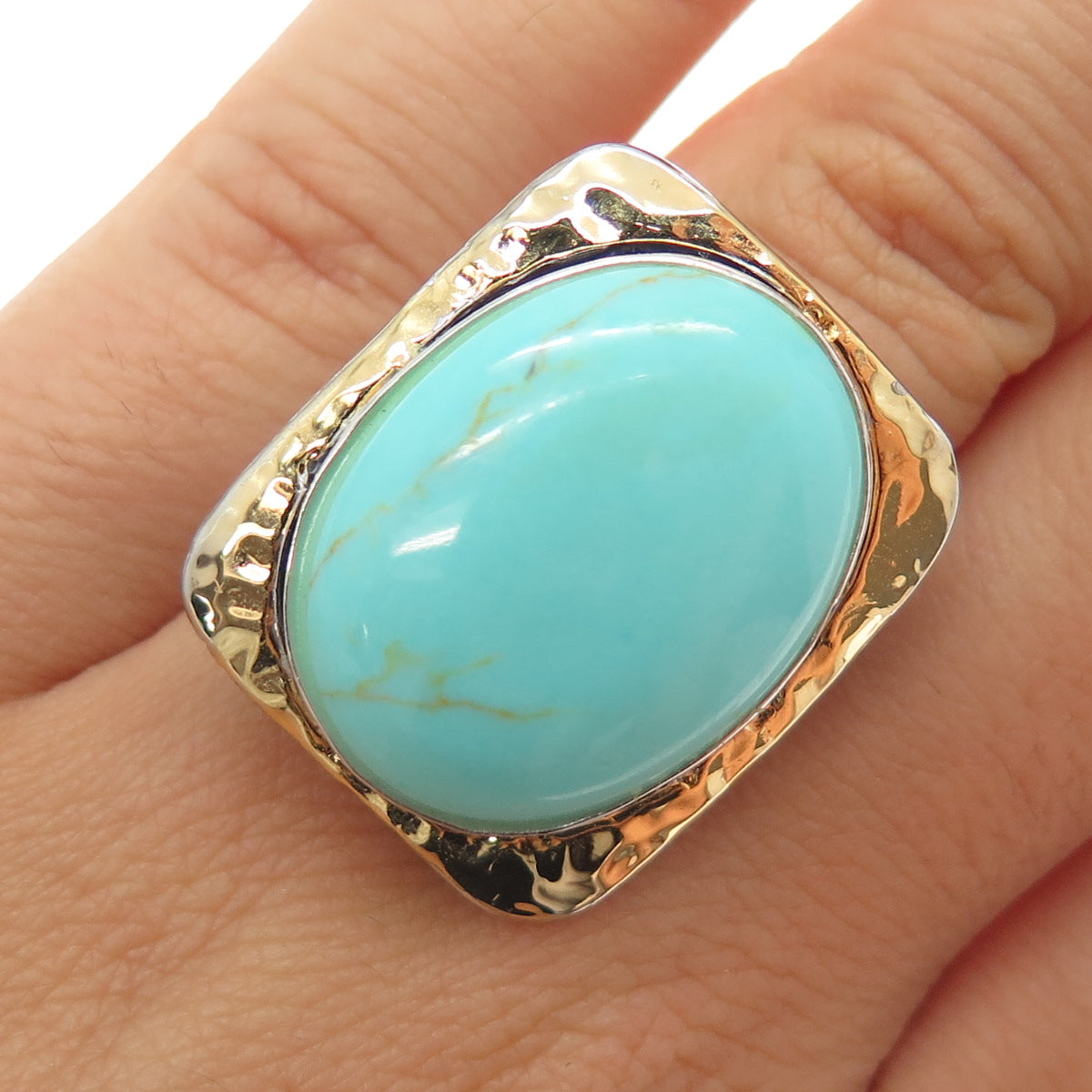 925 Sterling Silver 2-Tone Vintage Real Tyrone Turquoise Hammered Ring Size 6