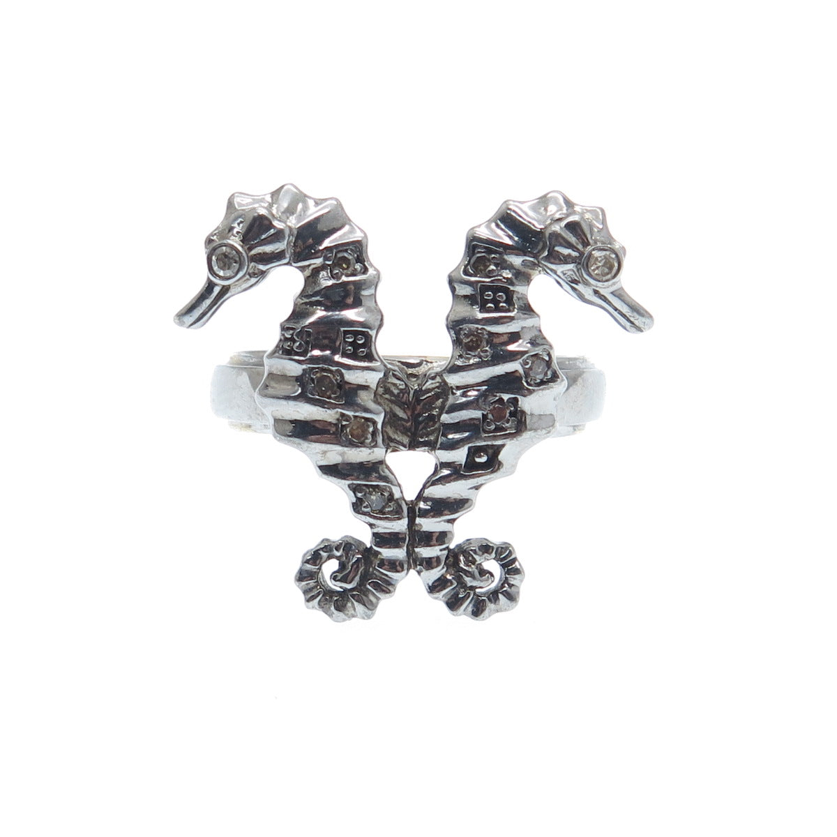 925 Sterling Silver Black Rhodium 2-Tone Real Diamond Seahorses Ring Size 7.25