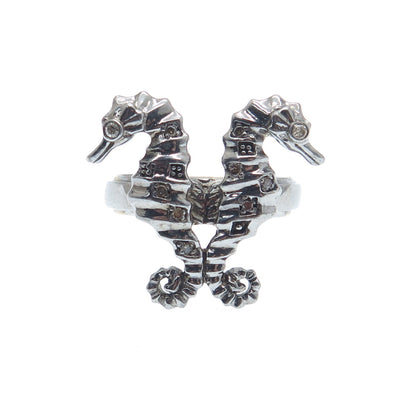 925 Sterling Silver Black Rhodium 2-Tone Real Diamond Seahorses Ring Size 7.25