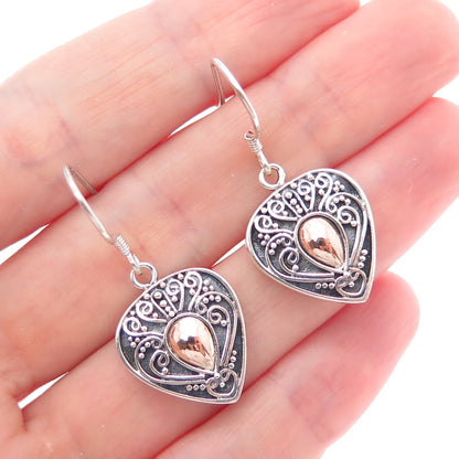 925 Sterling Silver 2-Tone Vintage Granulated Heart Oxidized Dangle Earrings
