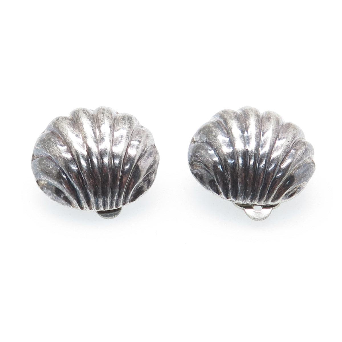 925 Sterling Silver Vintage Modernist Seashell Oxidized Clip On Earrings