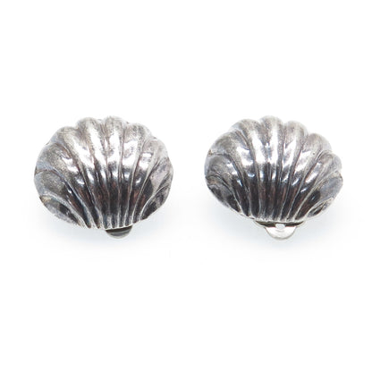 925 Sterling Silver Vintage Modernist Seashell Oxidized Clip On Earrings