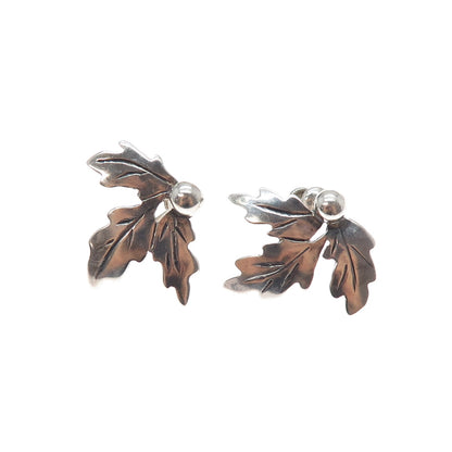 925 Sterling Silver Vintage Oak Leaf Oxidized Screw Back Earrings