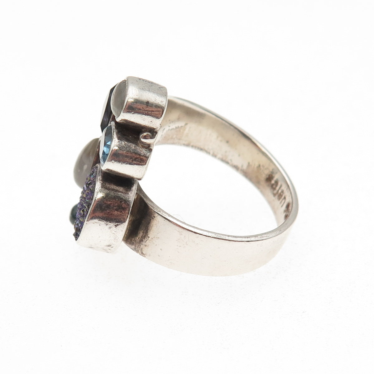 SAJEN Sterling Silver Vintage Moonstone Druzy Iolite & Blue Topaz Ring Size 8.25