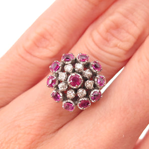 925 Sterling Silver Antique Art Deco Real Diamond & Ruby Floral Ring Size 6
