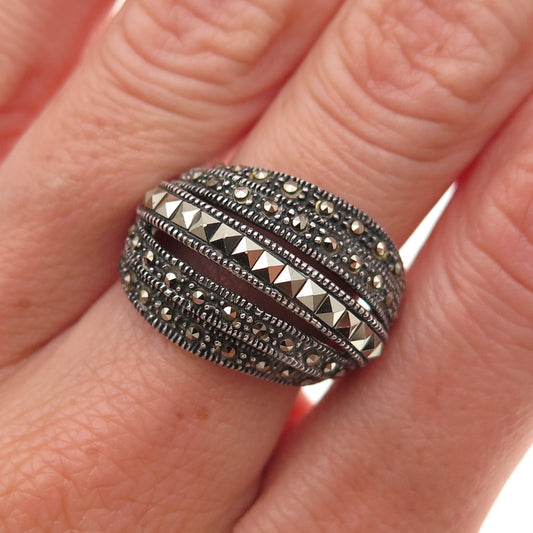 925 Sterling Silver Vintage Real Marcasite Oxidized Dome Ring Size 6.25
