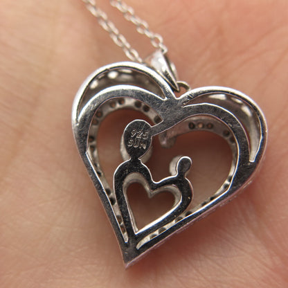 925 Sterling Silver SUN Real White Diamond Mom & Baby Heart Chain Necklace 15"