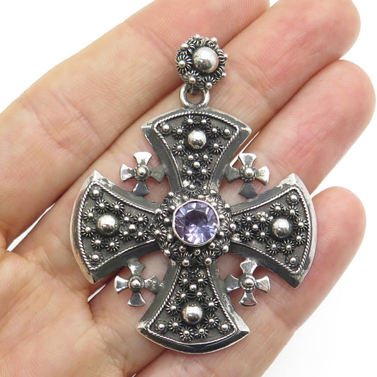 925 Sterling Silver Vintage Real Peacock Sapphire Jerusalem Cross Pendant