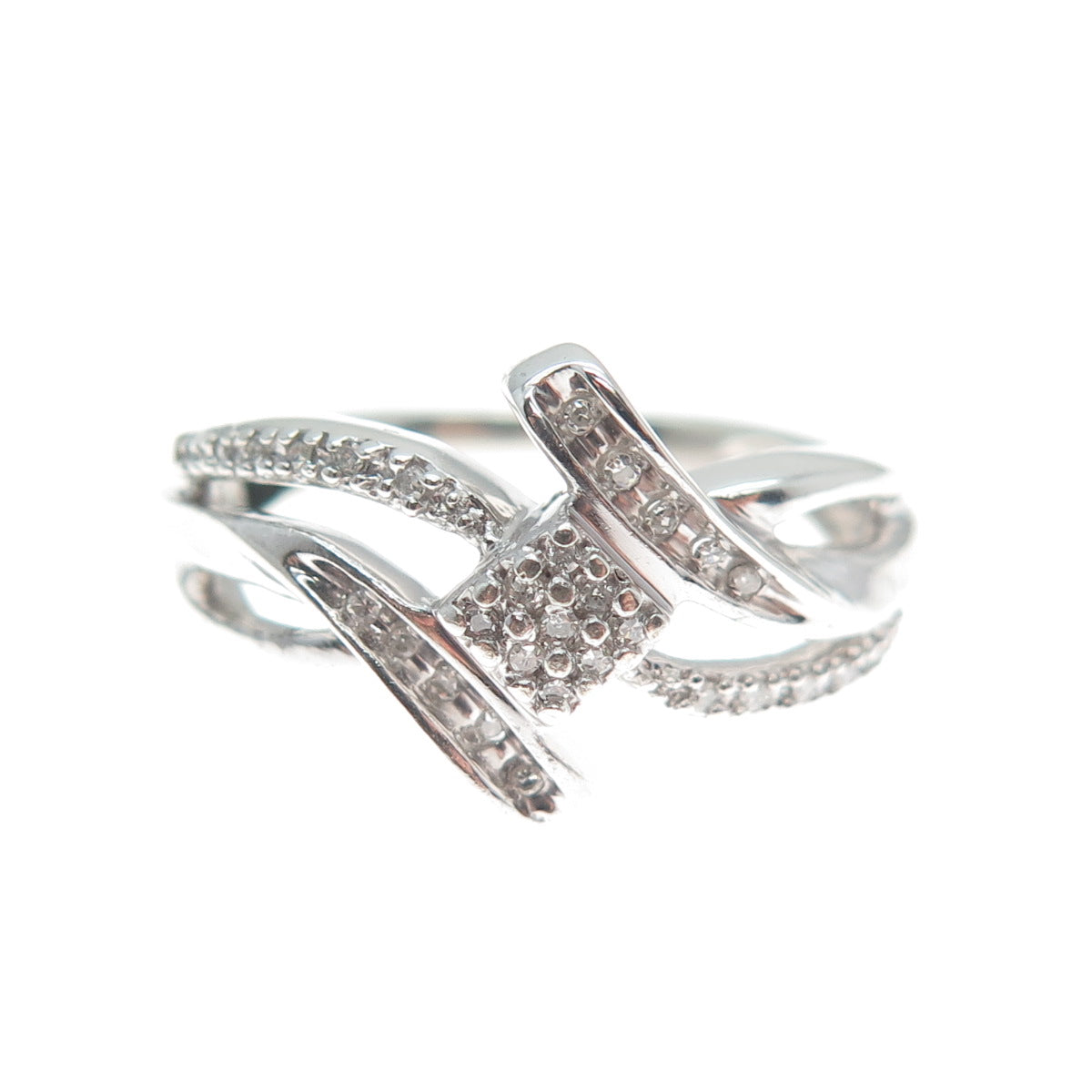 SUN 925 Sterling Silver Real Round-Cut Diamond Bypass Promise Ring Size 7