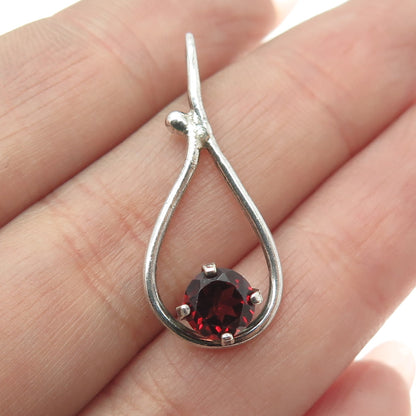 925 Sterling Silver Vintage Real Round-Cut Red Garnet Teardrop Pendant