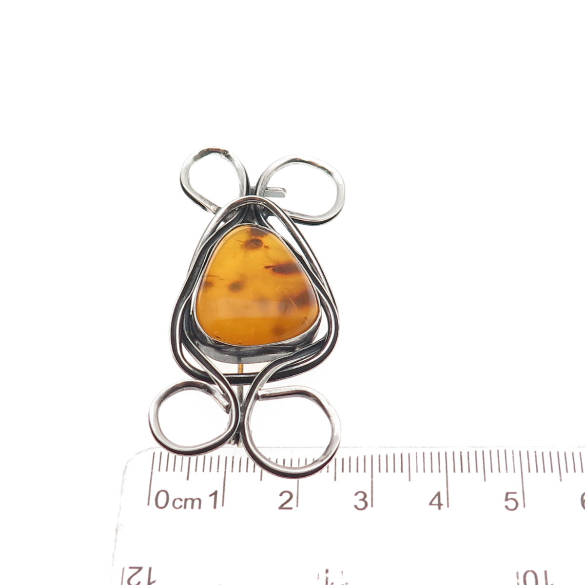 925 Sterling Silver Vintage AK Poland Real Amber Modernist Oxidized Pin Brooch
