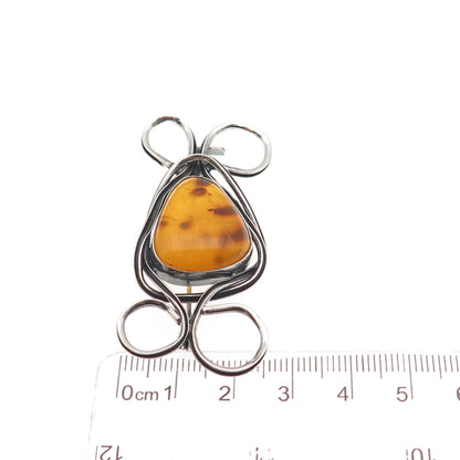 925 Sterling Silver Vintage AK Poland Real Amber Modernist Oxidized Pin Brooch