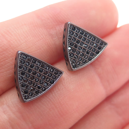 925 Sterling Silver Black Rhodium Round-Cut C Z Triangle Stud Earrings