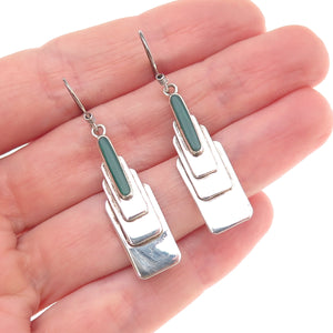 925 Sterling Silver Vintage Real Green Onyx Modernist Dangle Earrings
