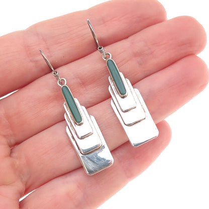 925 Sterling Silver Vintage Real Green Onyx Modernist Dangle Earrings