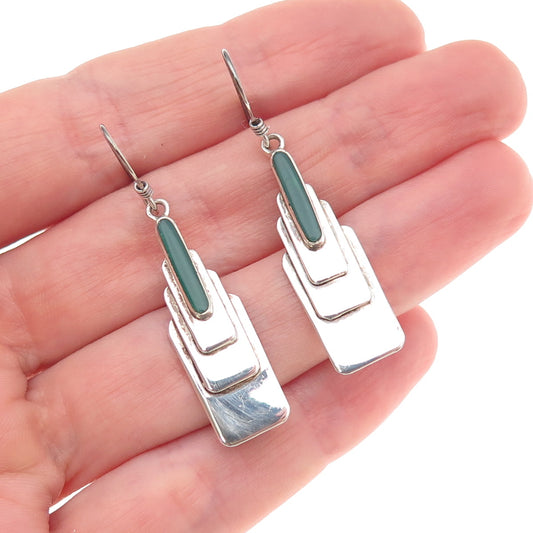 925 Sterling Silver Vintage Real Green Onyx Modernist Dangle Earrings
