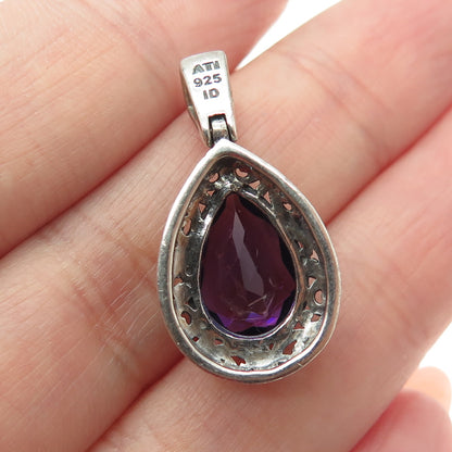 ATI 925 Sterling Silver Vintage Real Pear-Cut Amethyst Gem Swirl Ornate Pendant