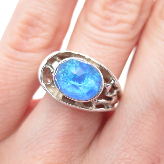 925 Sterling Silver Vintage Real Doublet Opal Modernist Ring Size 6
