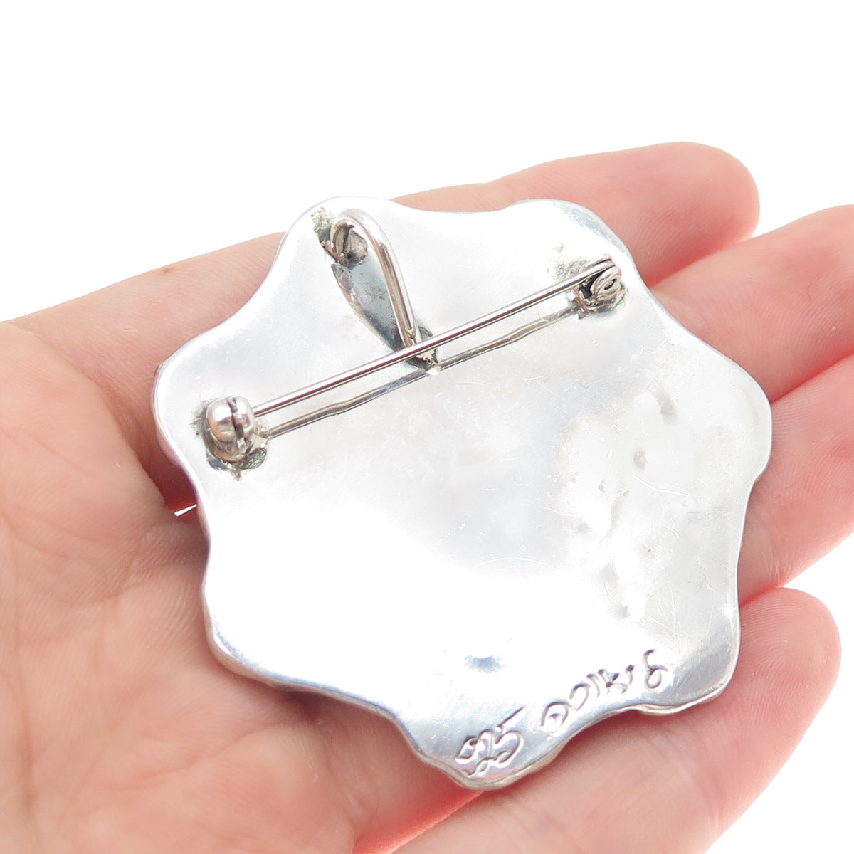 925 Sterling Silver Vintage Artisan Real Pearl Flower Oxidized Brooch / Pendant
