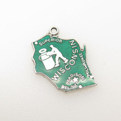 WELLS 925 Sterling Silver Vintage Enamel "Wisconsin" State Map Charm Pendant