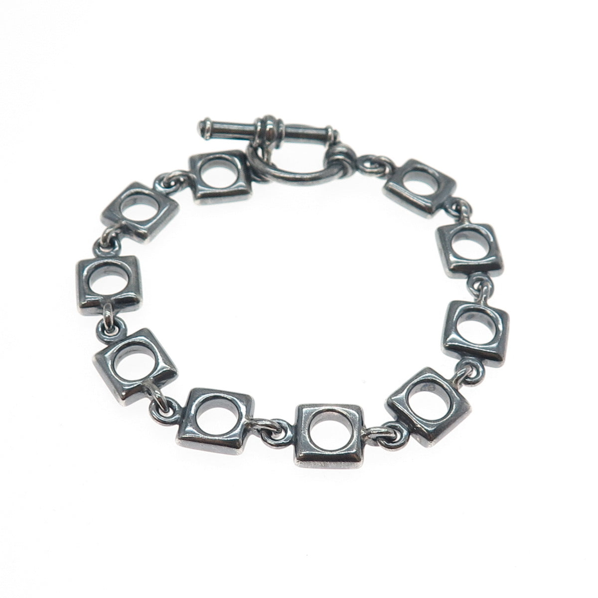 925 Sterling Silver Vintage Modernist Square Link Oxidized Bracelet 6.75"