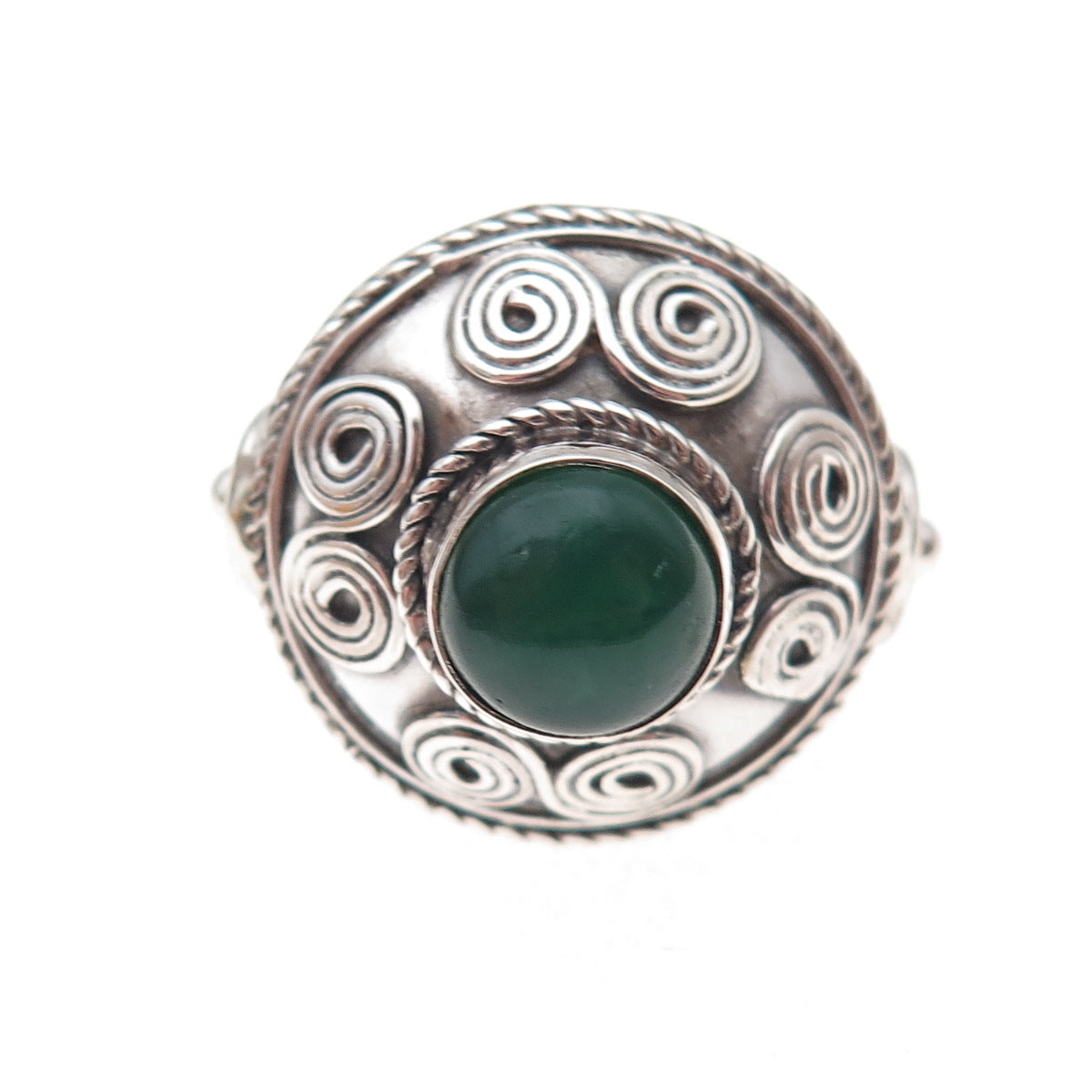 925 Sterling Silver Vintage Real Green Onyx Spiral Dome Oxidized Ring Size 8