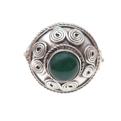925 Sterling Silver Vintage Real Green Onyx Spiral Dome Oxidized Ring Size 8