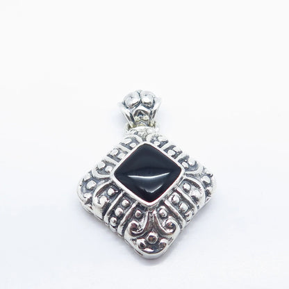 925 Sterling Silver Vintage Real Black Onyx Gemstone Ornate Pendant
