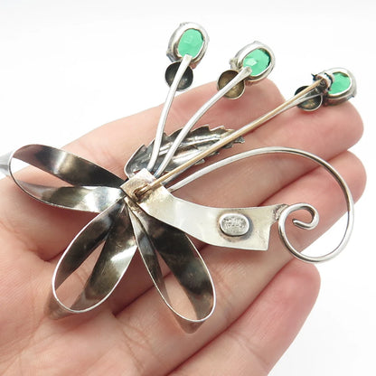 925 Sterling Silver Vintage Enzell Green Glass Floral Pin Brooch