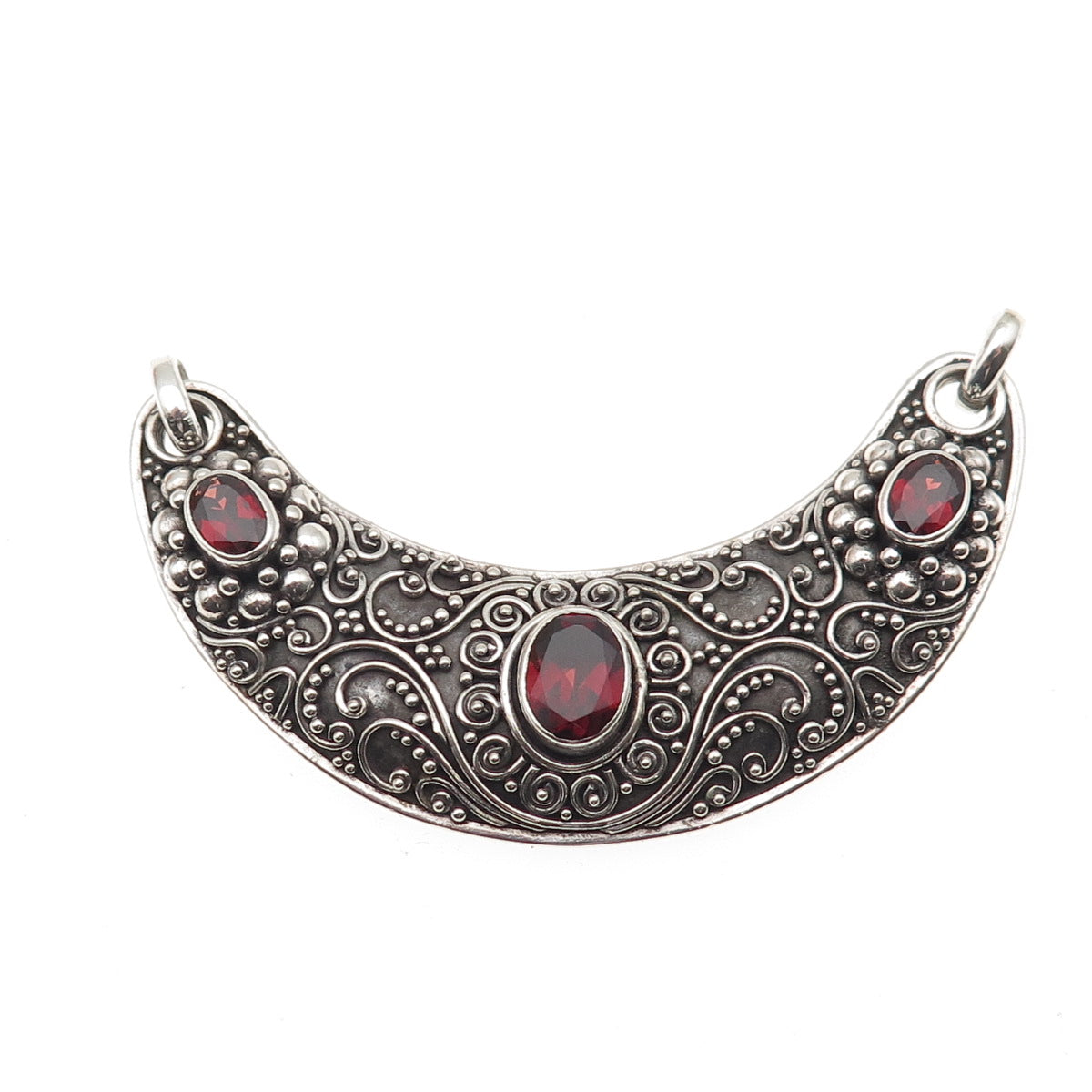 SUARTI BALI 925 Sterling Vintage Real Red Garnet Crescent Centerpiece Pendant