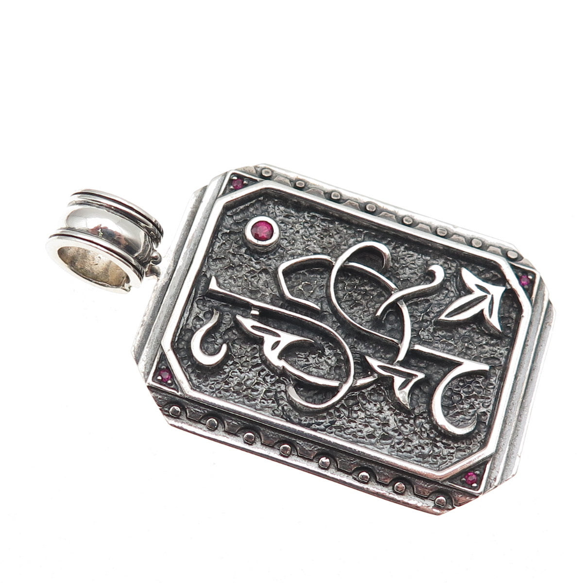 Jolusa 925 Sterling Silver Black Rhodium Real Ruby JOF Monogram Pendant