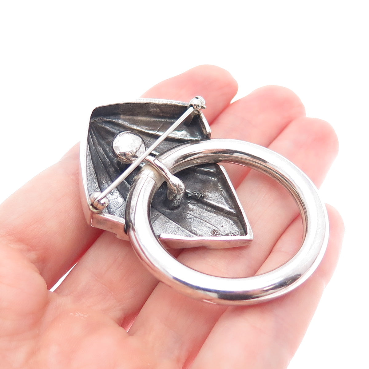 KRYPELL 925 Sterling Silver Vintage Modernist Door Knocker Oxidized Pin Brooch