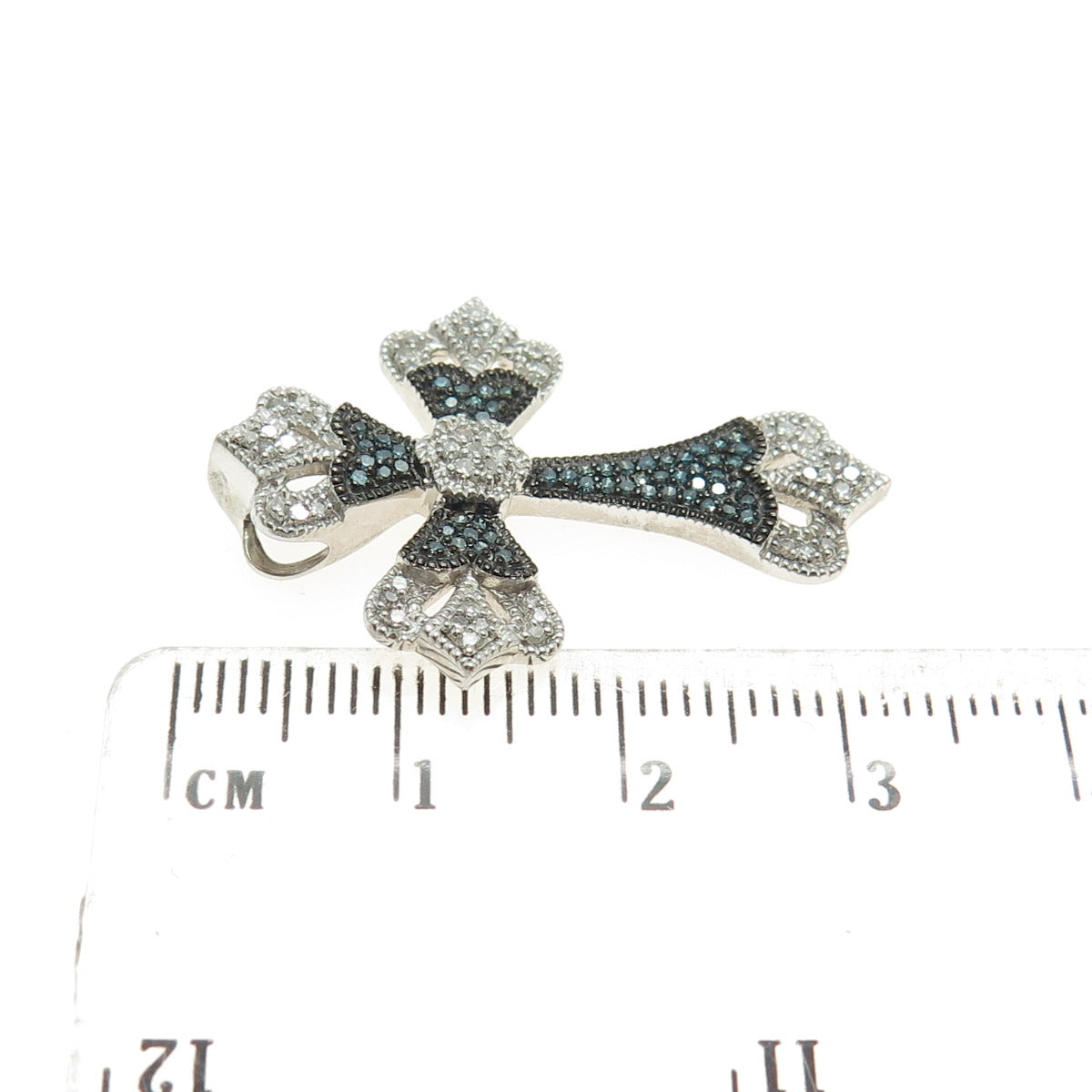 925 Sterling Silver Real Blue & White Diamond Fleur de Lis Cross Slide Pendant