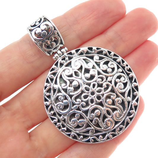 925 Sterling Silver Vintage Ornate Floral Oxidized Pendant