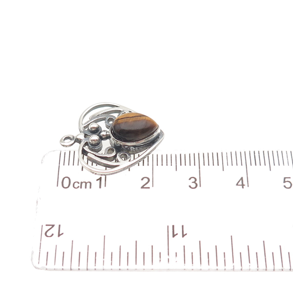 925 Sterling Silver Vintage Real Tiger Eye Heart Oxidized Charm Pendant