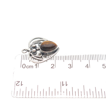925 Sterling Silver Vintage Real Tiger Eye Heart Oxidized Charm Pendant