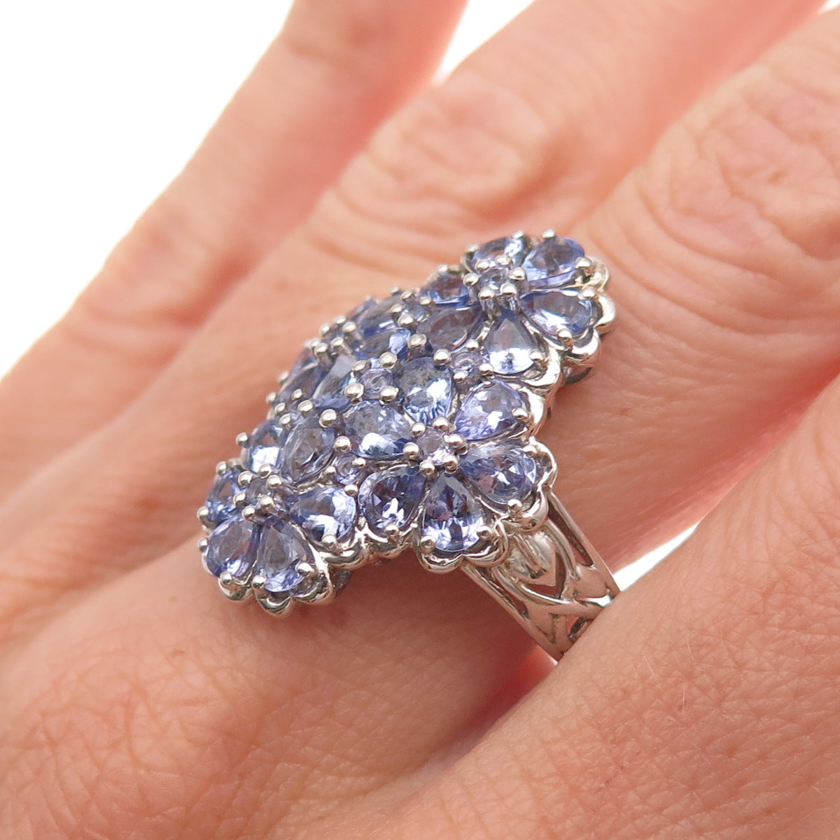 Chuck Clemency 925 Sterling Silver Real Tanzanite Floral Cluster Ring Size 8.25