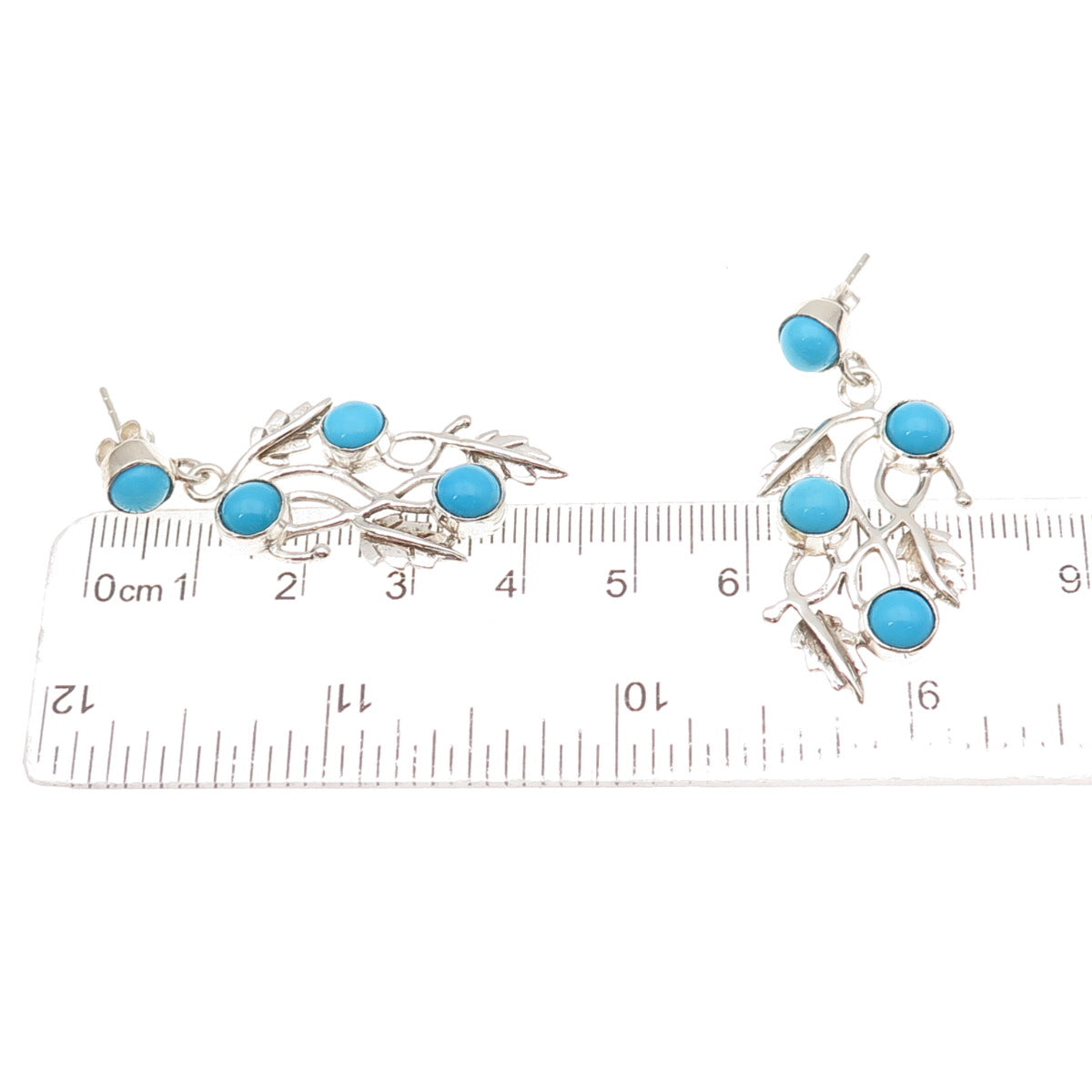 925 Sterling Vintage Real Sleeping Beauty Turquoise Floral Leaf Dangle Earrings