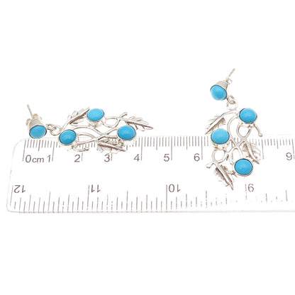 925 Sterling Vintage Real Sleeping Beauty Turquoise Floral Leaf Dangle Earrings