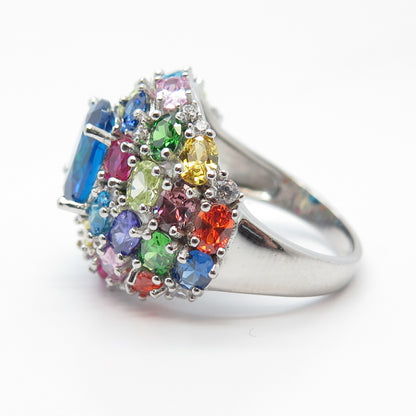 925 Sterling Silver Multi-Color C Z Wide Round Ring Size 8