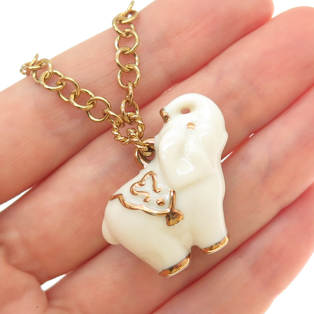 LENOX Sterling Silver Gold Plated Ceramic Elephant Handcrafted Necklace 18-20"