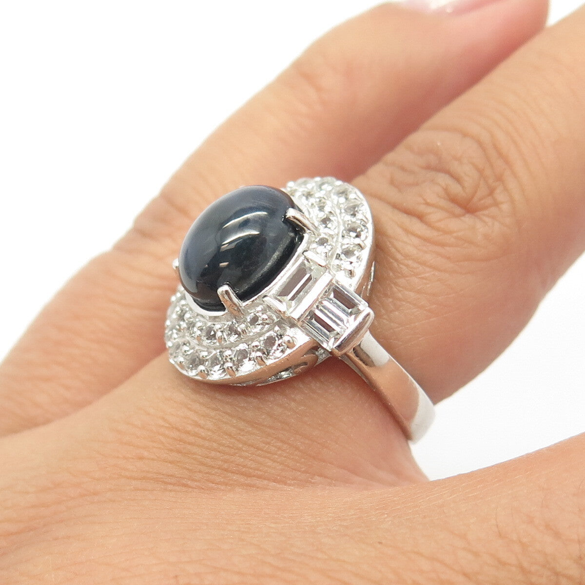 925 Sterling Silver Real White Topaz & Star Sapphire Gemstone Ring Size 5.25