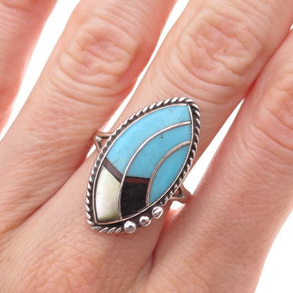 John Delvin Navajo Old Pawn Sterling Vintage Turquoise Onyx & MOP Ring Size 6.75