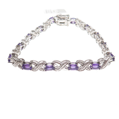 925 Sterling Silver Real Diamond & Amethyst Infinity Link Bracelet 7.25"