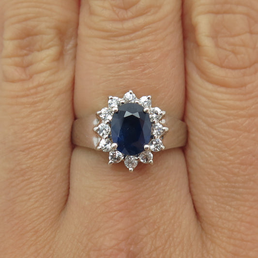 925 Sterling Silver Vintage Real Oval-Cut Sapphire & White Topaz Ring Size 7