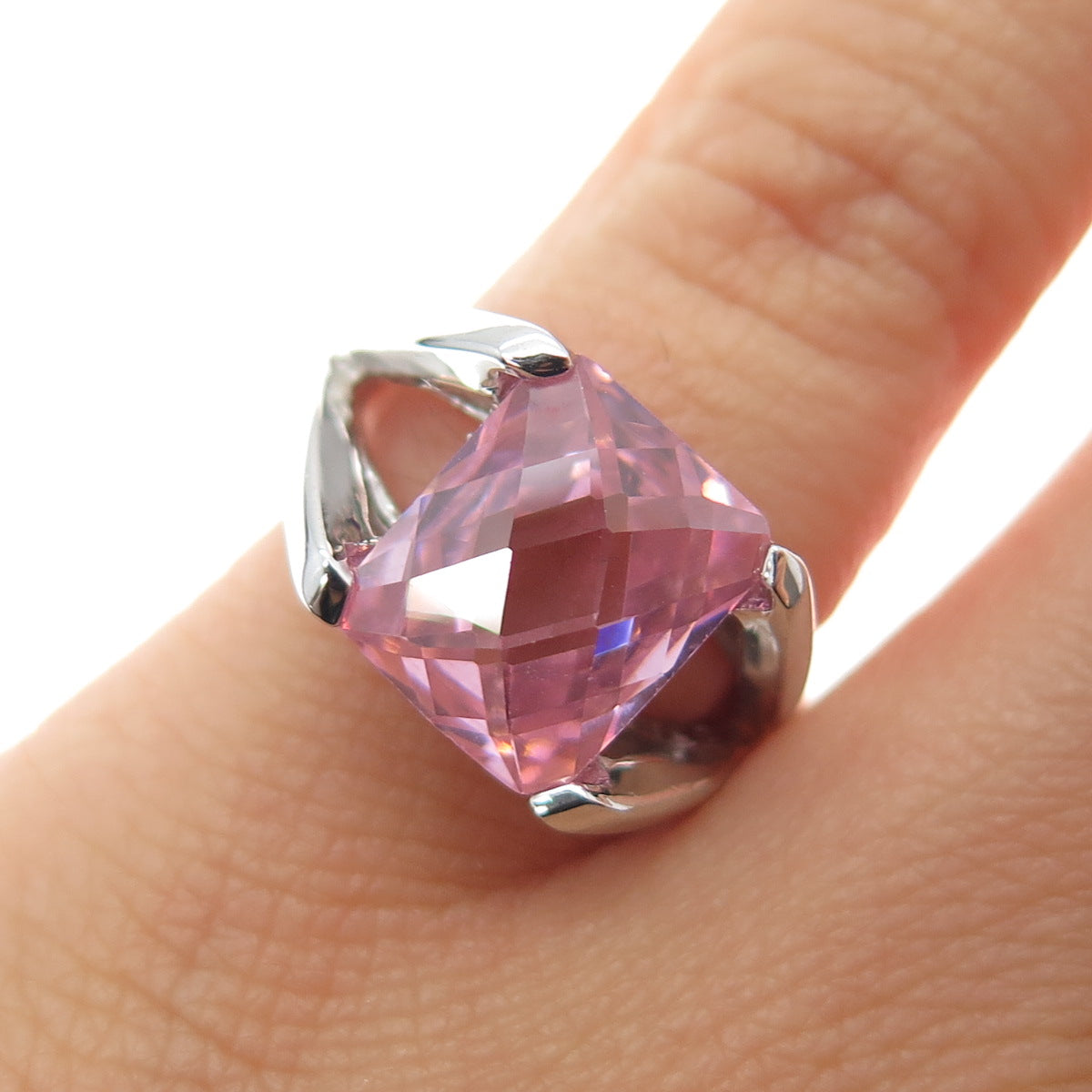 925 Sterling Silver Radiant-Cut Pink C Z Modernist Ring Size 5.25